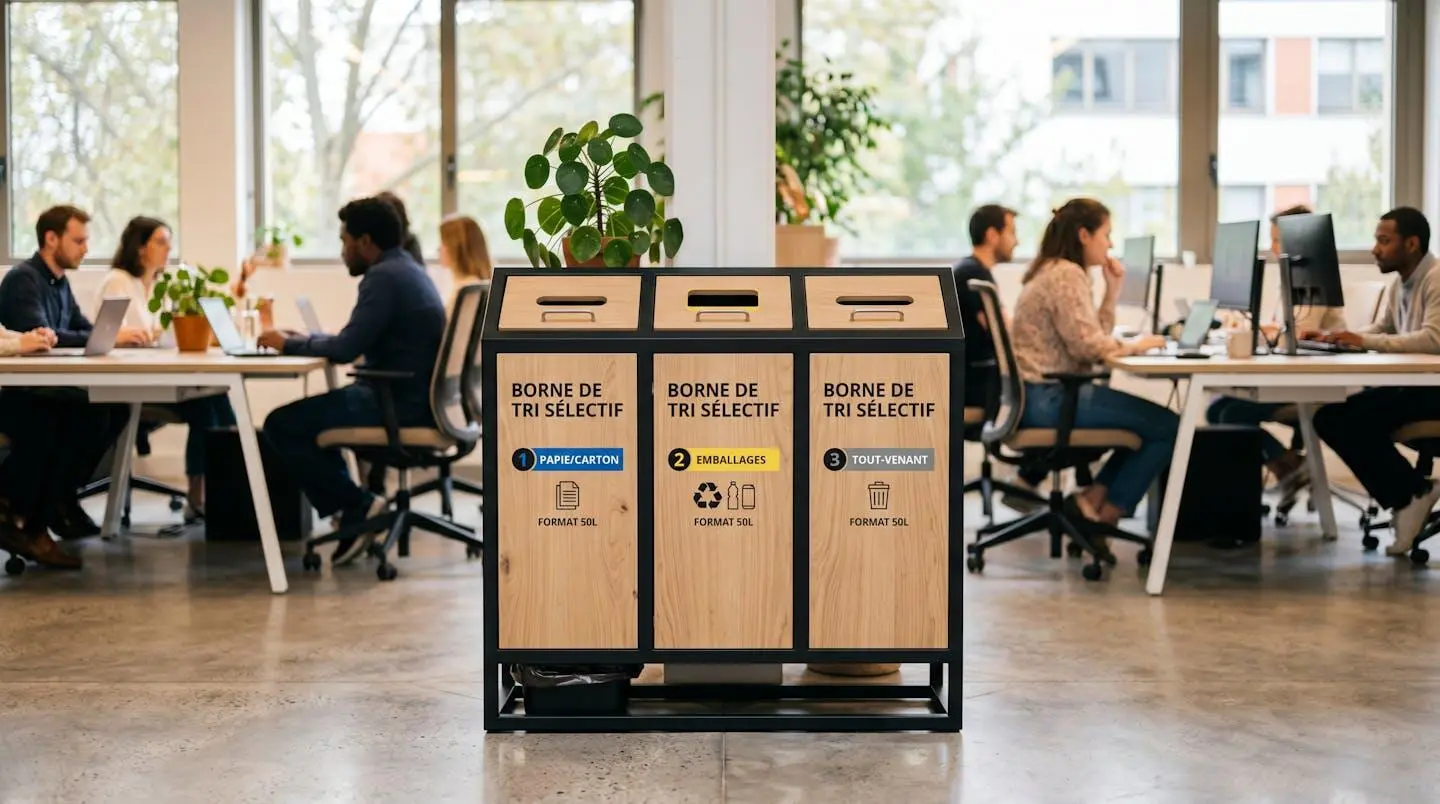 Borne de tri sélectif en bois de 50 litres intégrée dans un espace de bureau ouvert avec collaborateurs en arrière-plan flou