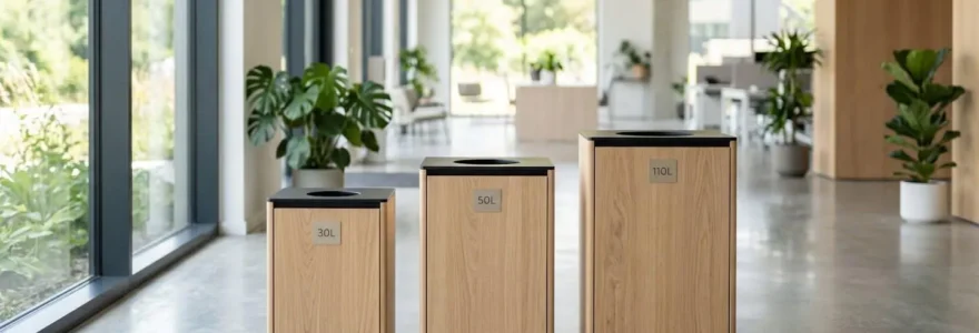 Trois bornes de tri sélectif en bois de tailles différentes alignées dans un open space professionnel lumineux, avec étiquettes de volume visibles
