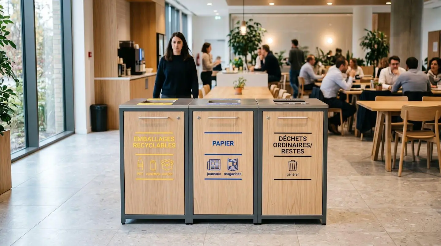 Îlot de tri sélectif avec trois bornes en bois de 110 litres dans un espace de restauration d'entreprise moderne