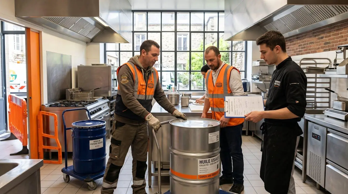 Collecteur professionnel échangeant un fût d'huile alimentaire usagée contre un contenant propre dans une cuisine de restaurant à Rennes, document de traçabilité à la main