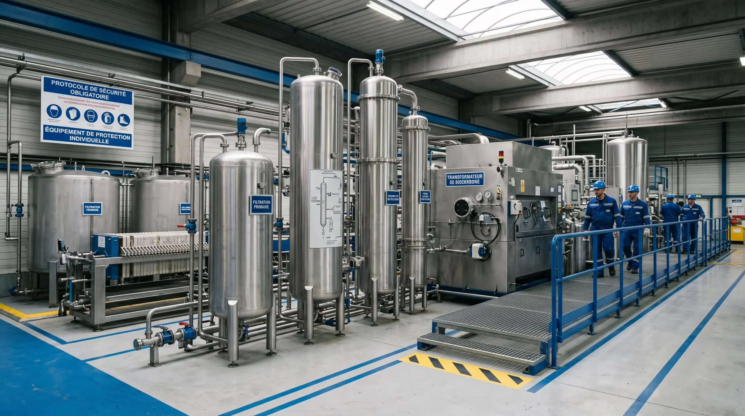 Intérieur d'un centre de traitement industriel avec cuves de purification d'huiles alimentaires usagées et équipements de transformation en biocarburant