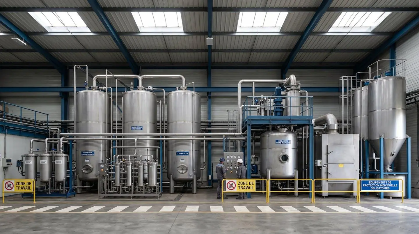 Intérieur d'un centre de traitement industriel avec cuves de purification d'huiles alimentaires usagées et équipements de transformation en biocarburant