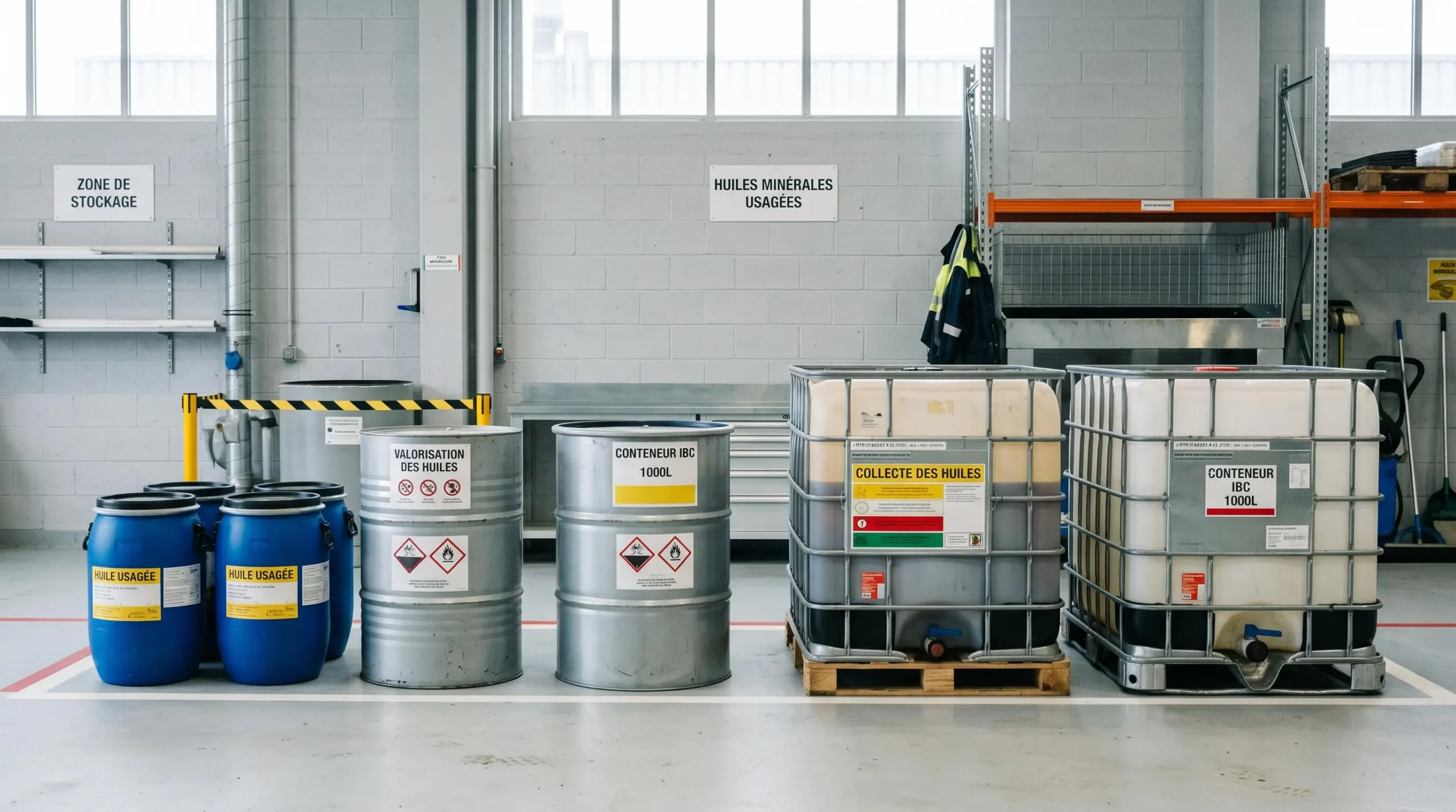 Rangée de contenants certifiés pour huiles alimentaires usagées de différentes tailles dans un espace de stockage professionnel propre et organisé