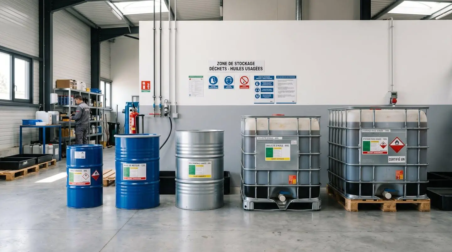 Rangée de contenants certifiés pour huiles alimentaires usagées de différentes tailles dans un espace de stockage professionnel propre et organisé